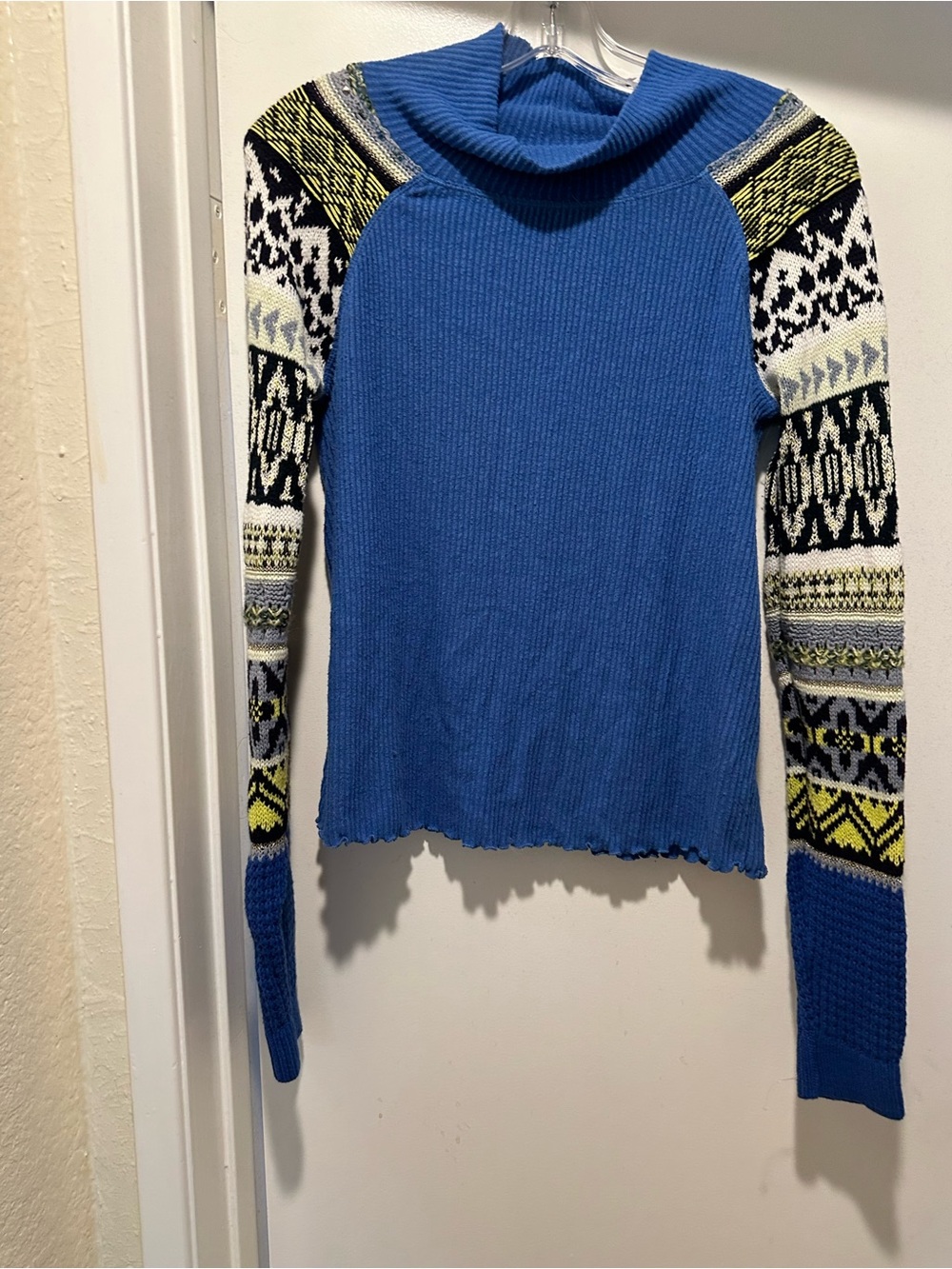 Free People Prism Sweater Cowl Neck Fair Isle Blue Bell Combo Size Small